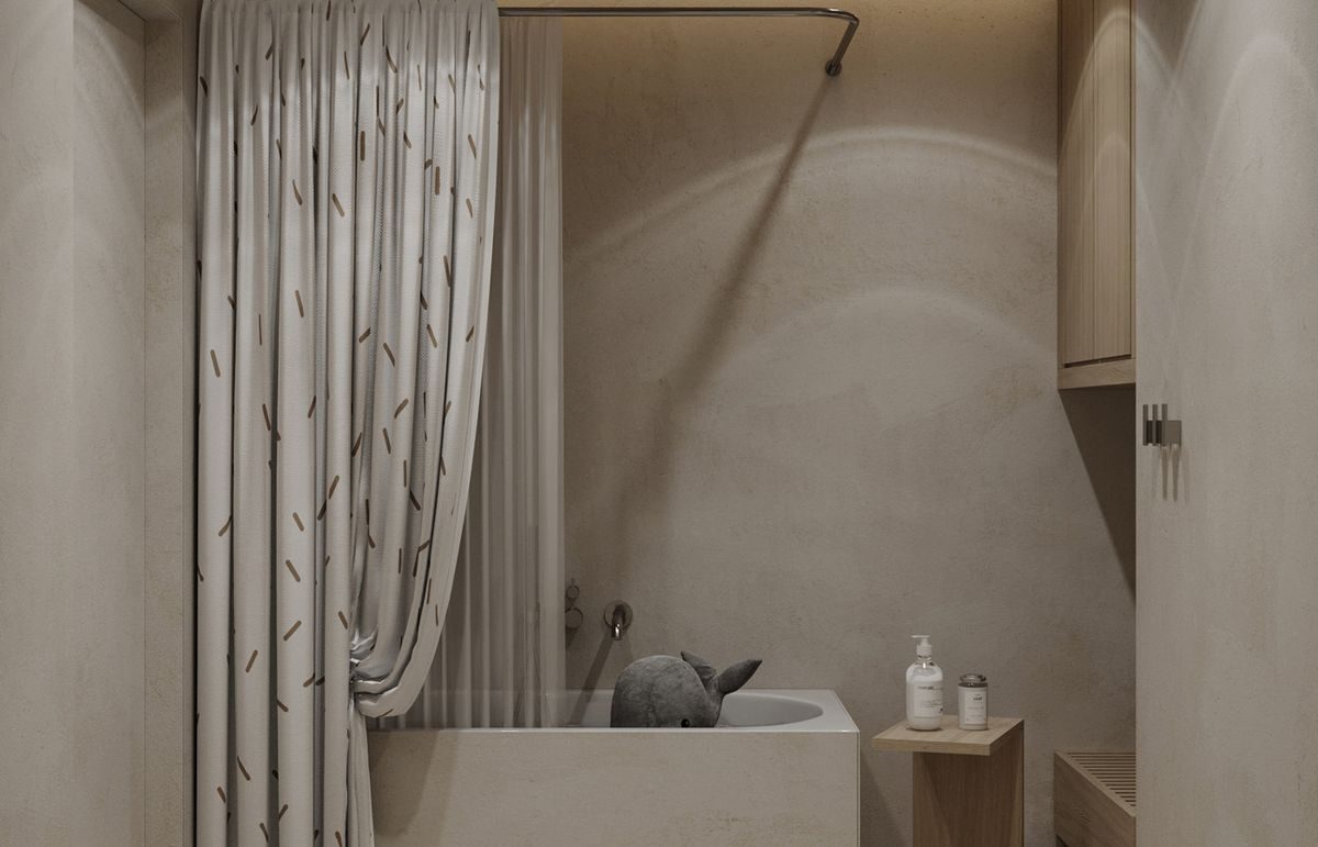 Visualisation of a calm bathing space in soft stone